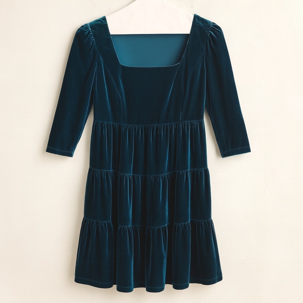 Maison Tara Velvet Tiered Dress Teal Size 8 Babydoll Party Coquette